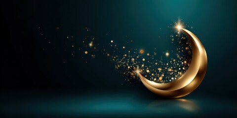 Fototapeta premium Golden Crescent Moon with Sparkles on Teal Background