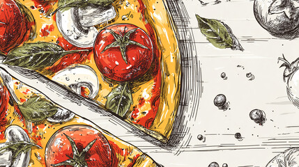 Artistic hand-drawn illustration of delicious pizza with fresh tomatoes, mushrooms, and basil leaves, ready to be sliced on a rustic wooden table.