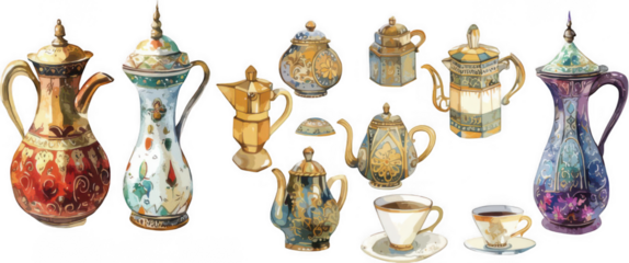 Collection of ornate ceramic teapots and cups