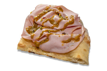 Slice of flatbread focaccia with slices of mortadella bologna salami and pistachio sauce isolated