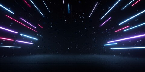 Futuristic neon light streaks in dark starry space