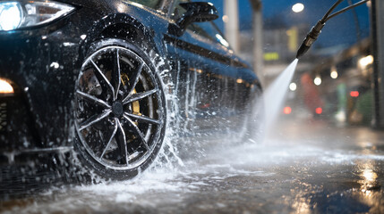 Side-angle close-up of black wheel being power-washed, forceful water jet creating dramatic splash patterns, metallic rim highlights glowing under studio-style lighting