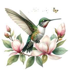 Obraz premium Hummingbird and Magnolia Harmony: A vibrant hummingbird hovers gracefully near blooming magnolia flowers, creating a serene and colorful scene in nature.
