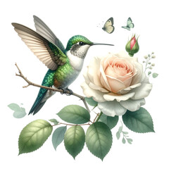Obraz premium Hummingbird's Floral Dance: A charming hummingbird, poised mid-flight, gracefully hovers near a blooming rose and fluttering butterflies, showcasing the beauty of nature's delicate interactions.