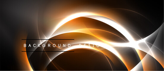 Abstract design features flowing orange lines, bright white streaks over dark background. Text reads background design. Modern, dynamic visual.