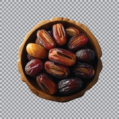 Sweet dates in a rustic wooden bowl transparent background