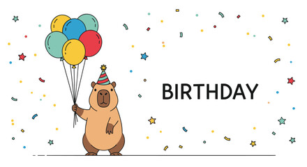 Obraz premium Cheerful capybara wearing a striped party hat and holding a bunch of colorful balloons with a happy birthday greeting and confetti.