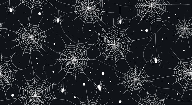 Spooky seamless pattern of white spider webs and small hanging spiders with tiny dots scattered across a dark black background surface.