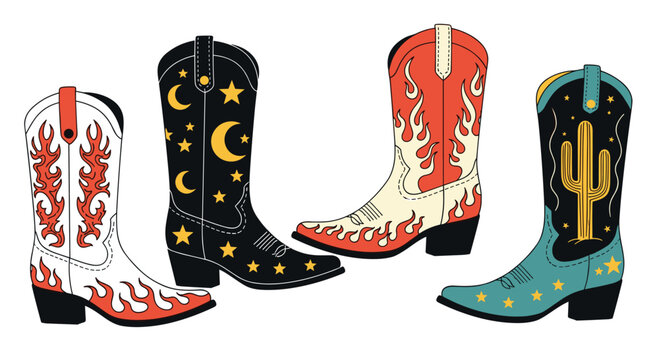 Set of four stylish and colorful cowboy boots featuring various creative patterns like flames crescent moons stars and a desert cactus.