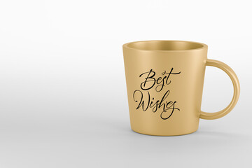 Golden mug displaying best wishes message with copy space
