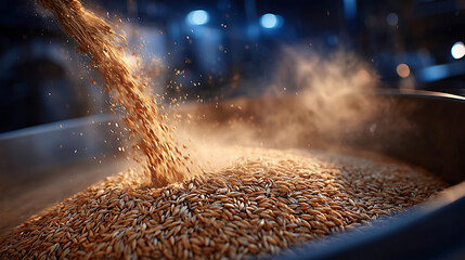 Close-up of wheat grains pouring downward, forming a flowing arc as they fill a polished metal bin, fine dust particles suspended in the air, cinematic industrial lighting, agricul