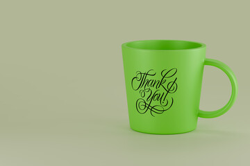 Green mug displaying thank you calligraphy message