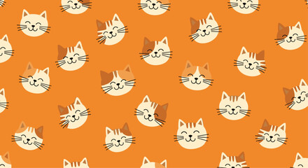 Fototapeta premium Cheerful repeating pattern of various cute smiling cat faces on a solid orange background for fabric or wallpaper decoration.