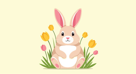 Fototapeta premium Adorable light brown bunny sitting in a field of yellow and pink tulips against a soft pale yellow background for spring.