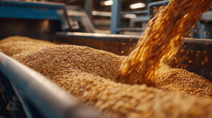 Industrial agriculture scene, freshly harvested grains flowing from a conveyor into a large metal hopper, rhythmic motion, warm amber highlights, clean factory environment
