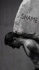 Man carrying heavy stone with shame engraving. Symbolic representation of emotional burden and mental health struggle. Black and white conceptual photography