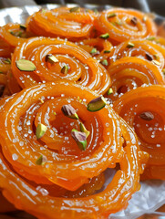 Traditional Jalebi Sweets Garnished with Pistachio Close-Up