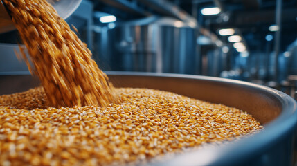 Clean industrial food production scene, golden grains flowing smoothly into a stainless steel bin, minimalist factory background, precise engineering and hygiene standards emphasiz