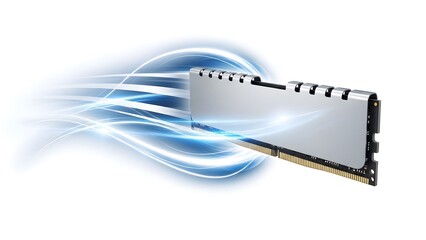 High speed RAM memory module with abstract blue light trails showing fast data flow for AI computing isolated on white background.

