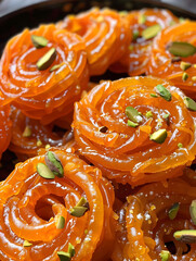 Traditional Jalebi Sweets Garnished with Pistachio Close-Up