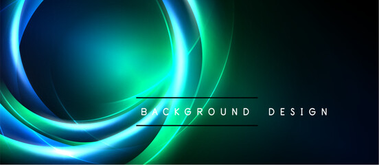 Abstract neon lights create dynamic curves, vibrant teal, green hues. Dark background emphasizes glowing lines, modern design element.