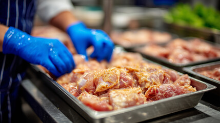 Macro food safety detail, gloved fingers adjust raw chicken portions in a plastic tray, moisture and texture visible, stainless steel background softly blurred