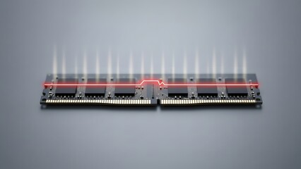 RAM memory module with red glowing pulse line and rising heat waves showing high energy consumption for AI hardware.
