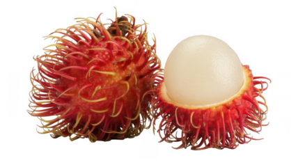 Rambutan fruit with one peeled tropical hairy isolated on a transparent background
