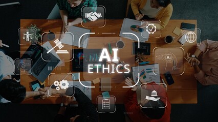 A diverse group in a modern workspace engages in discussions on AI ethics, highlighting the importance of technology, responsibility, and collaborative thinking. Raster