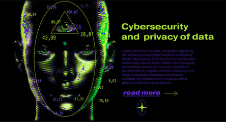 Neon-glitched vector portrait of a human face in dotted pixel style and floating numerical data points on a dark background. Conceptual vector illustration for cybersecurity, data privacy, biometrics.