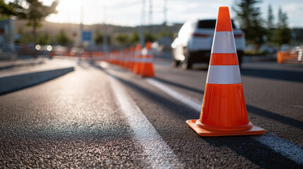 Low-angle shot of lined-up traffic cones, long shadows stretching across textured asphalt, car in the distance slightly out of focus, sunny suburban parking lot setting
