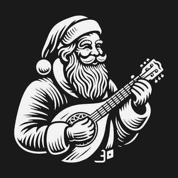 Jolly Santa Claus playing a mandolin musical instrument vector illustration.