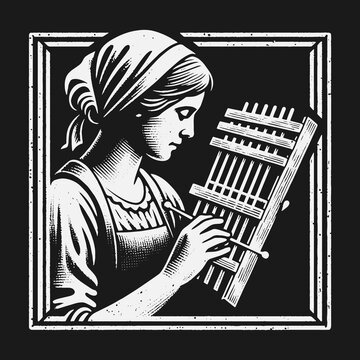 Vintage woodcut illustration of a woman playing a traditional kalimba instrument.