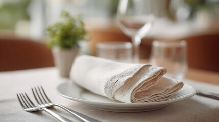 Table setting with a white plate and a folded napkin on it. the plate is on a beige tablecloth and there are two forks on either side of the plate.