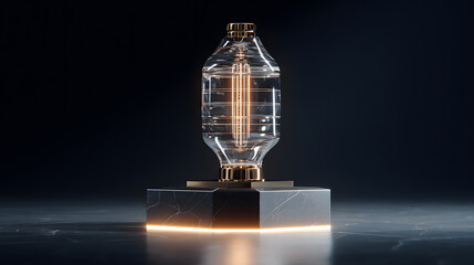Glass and metal futuristic trophy glowing with warm filament light on marble pedestal emitting soft ambient reflection