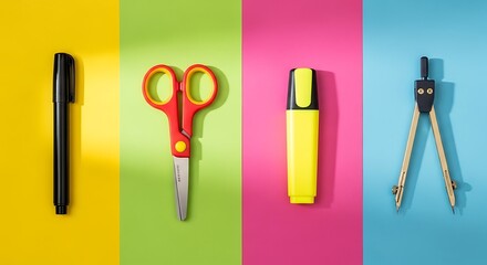 Flat lay composition of essential stationery items arranged vertically on colorful striped backgrounds