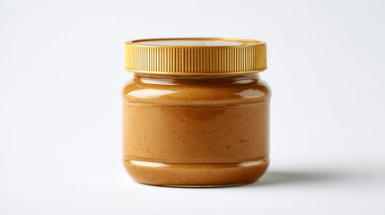 Classic Glass Jar of Creamy Peanut Butter with a Golden Lid, Isolated on a Clean White Background for Product Mockup.