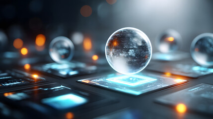 Futuristic hologram sphere on digital grid, glowing neon light, cyber technology, data network, sci fi ambiance, sleek minimal mood