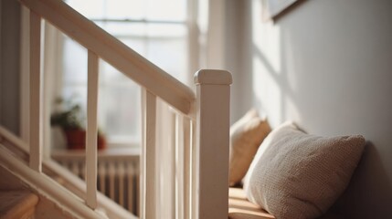Close-up of a wooden staircase with a white railing. the railing is in focus, while the background is blurred, but it appears to be a window with a view of the outside.