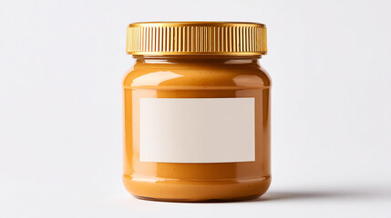 Generic Glass Jar of Creamy Peanut Butter with Blank Label and Golden Lid, Isolated on a Clean White Background for Branding Mockup.