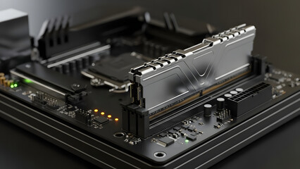 High performance silver RAM memory modules on black motherboard with glowing indicator lights for AI technology innovation.
