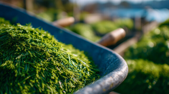Close-up of a wheelbarrow filled with freshly cut green grass, blades spilling slightly over the edges, sunlight highlighting moisture on the grass, textured metal frame of the whe