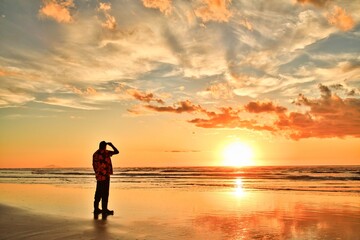 Foxton Beach New Zealand Sunset High Tide Man Watching Sunset