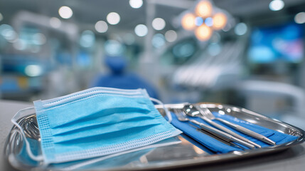 Patient-ready dental tray, blue gloves and mask positioned for next procedure, metallic tray reflecting soft overhead light, dental chair and instruments blurred in background
