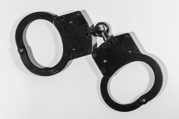 Handcuffs displayed on a clean white background, showcasing the metallic texture and design, symbolizing law enforcement and security measures in society