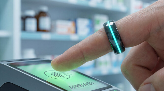 Smart wearable ring authorizes contactless payment with biometric approval, futuristic convenience and confident emotion in pharmacy checkout