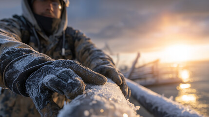 Industrial winter safety concept, gloved and helmeted worker inspecting frost-covered pipeline, icy textures and snow mounds visible, warm sunlight breaking over horizon, cinematic