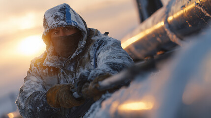 Industrial winter safety concept, gloved and helmeted worker inspecting frost-covered pipeline, icy textures and snow mounds visible, warm sunlight breaking over horizon, cinematic