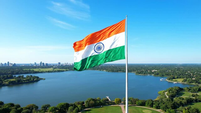Indian flag waving proudly against blue sky over a scenic landscape with lake and city skyline in the distance. Symbol of India.