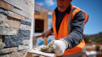 Fototapeta na wymiar Low-angle view, worker fitting stone veneer onto exterior wall, trowel in hand, partially completed stone pattern visible, construction site blurred in background